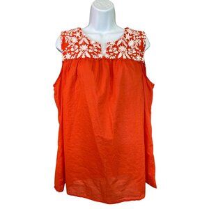 Talbots Womens Sleeveless Top 1X Plus Size Red Floral Embroidered Cottagecore